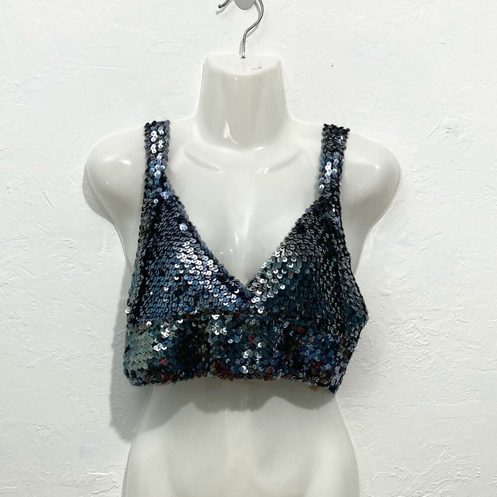 I.O.U Black Sequin Vintage Bralette V Neck Crop Top Blue Sexy Stretchy No size